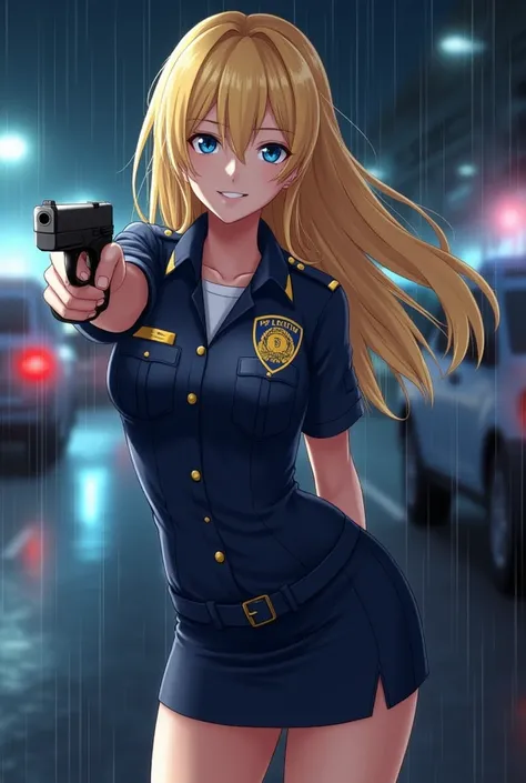  1 female 、 American beauty 、very beautiful、Facial beauty、 Blue Eyes 、Familiar、 NYPD uniform 、 short skirt 、Golden hair 、Night Street、 has the backlight、 The wind blows 、This is some text to translate.&#39;It's raining 、He looks carefully at the barrel of ...