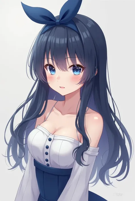  A flat-haired girl  ,  navy blue hair tails  ,  both sides with her hair down in front of her chest , wearing a blue bow on her head  , F Cup