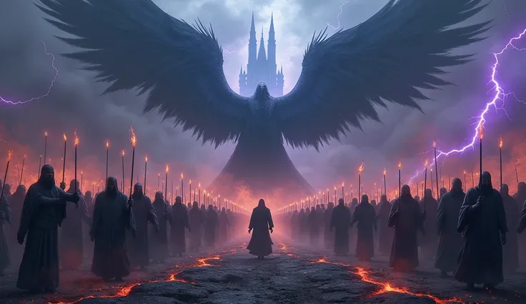  An epic scene showing a large army of fallen angels marching in formation under a sky filled with smoke and flames.  At the top of the composition ,  a colossal fallen angel leads the army ,  with enormous dark-blue wings ,  partially torn ,  radiating lu...