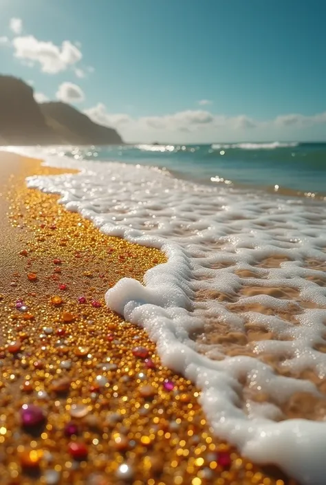 L'image représente une plage avec des vagues projetant beaucoup de pièces d'or, de rubis, les vagues sont des vagues de pièces d'or, de diamants et de sable mélangés à de nombreuses pièces d'or. L'image exprime la richesse et la richesse.