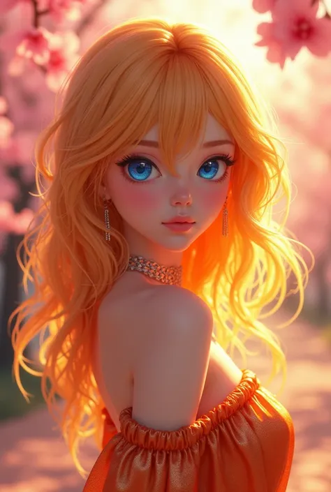 A glamorous anime woman with blonde orange hair transitioning through vivid pink, orange, and yellow tones, her brilliant blue eyes shining with light. She wears a radiant silver gown, with the cherry blossom forest bathed in intense golden-hour tones and ...