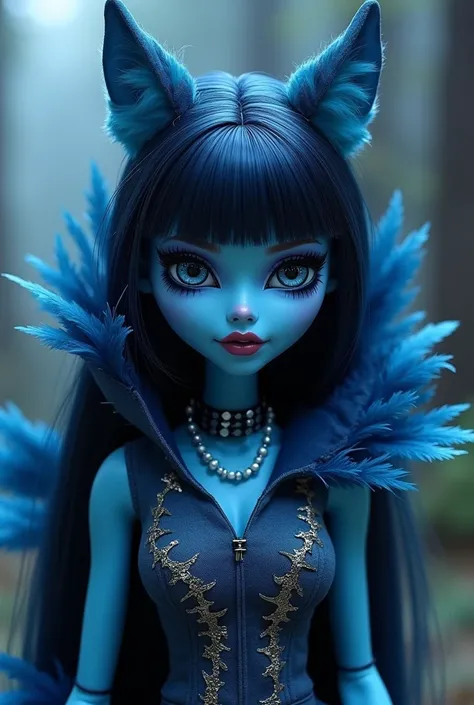 Create me a picture: Character from Monster High based on Licho from Polish folklore. One eye blank one eye black, blue color pallete, with silver accesories, dark hair with bangs, ghostly appearance. Let it have some visible simmilarities to Licho. Do eve...