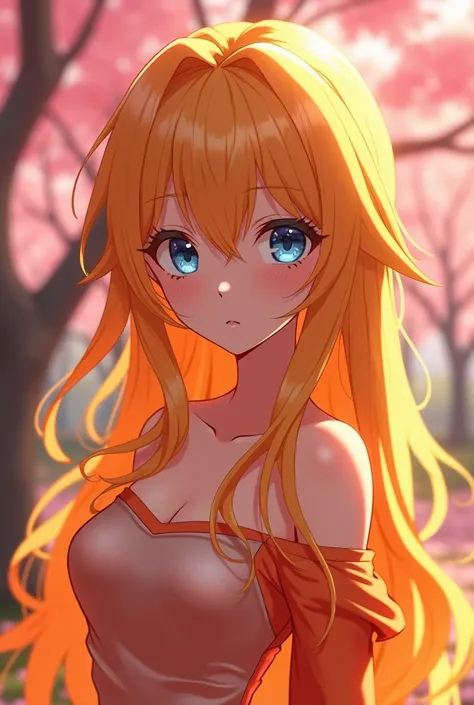 A glamorous anime woman with blonde orange hair transitioning through vivid pink, orange, and yellow tones, her brilliant blue eyes shining with light. She wears a radiant silver gown, with the cherry blossom forest bathed in intense golden-hour tones and ...