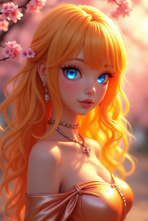 A glamorous anime woman with blonde orange hair transitioning through vivid pink, orange, and yellow tones, her brilliant blue eyes shining with light. She wears a radiant silver gown, with the cherry blossom forest bathed in intense golden-hour tones and ...