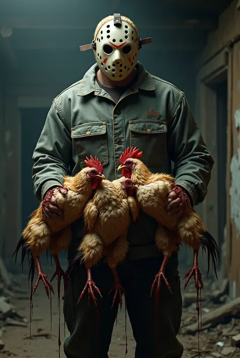 Jason , Friday the 13th character, holding slaughtered chickens in their hands 