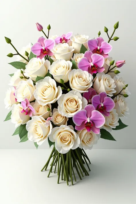 A realistic, high-resolution image of a densely stocked flower bouquet of white roses and isolated pink orchids.