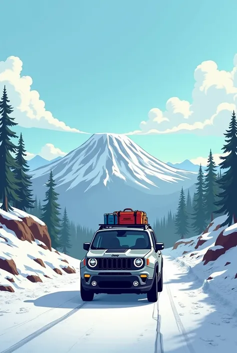  Imagine a cartoon of a landscape where volcanoes and mountains can be seen in the background .   With a powdery road from left to right showing a gray 2019 Jeep Renegade in motion, with luggage on the roof .