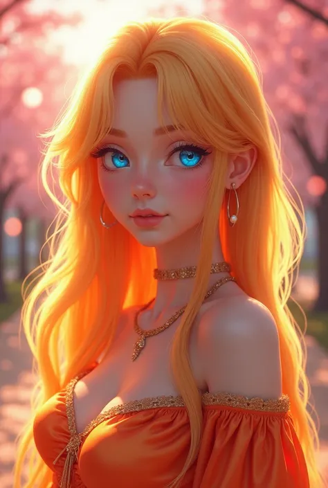 A glamorous anime woman with blonde orange hair transitioning through vivid pink, orange, and yellow tones, her brilliant blue eyes shining with light. She wears a radiant silver gown, with the cherry blossom forest bathed in intense golden-hour tones and ...