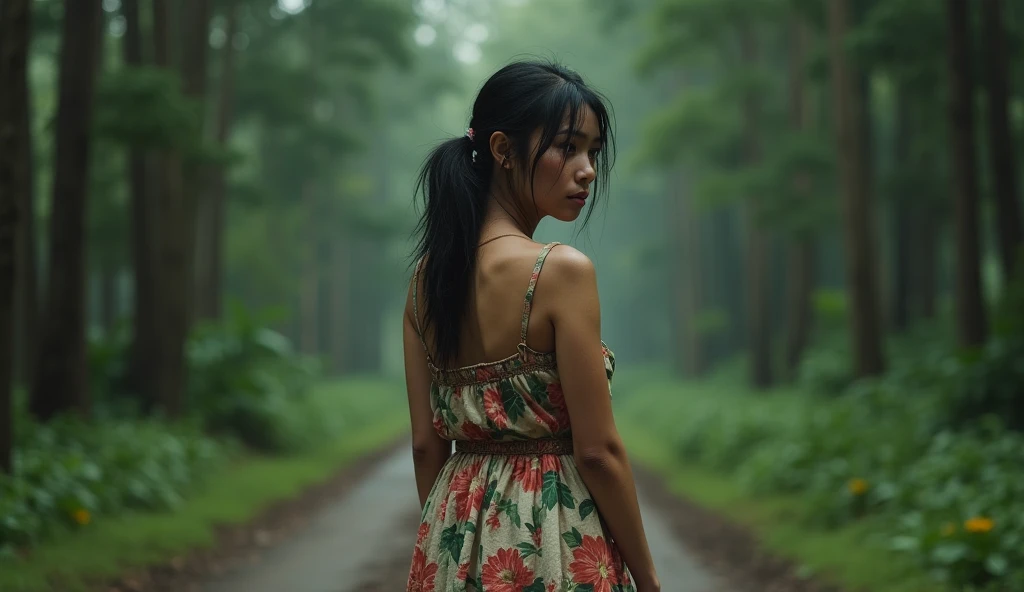 A beautiful Indonesian woman with a high nose, in her 30s, with messy hair and a thin body, is walking and turning her back to the camera, wearing a dirty and shabby floral dress, while crying, tears streaming down her cheeks, with a dense forest road and ...