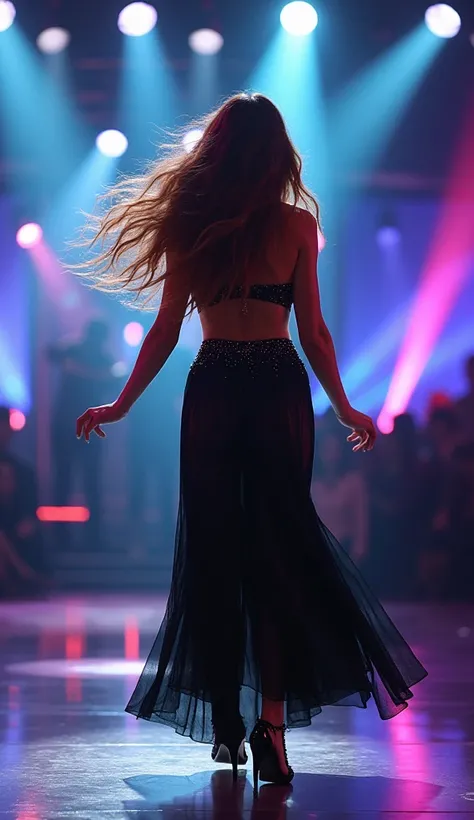 Long-haired, brown-haired woman performing on a television show