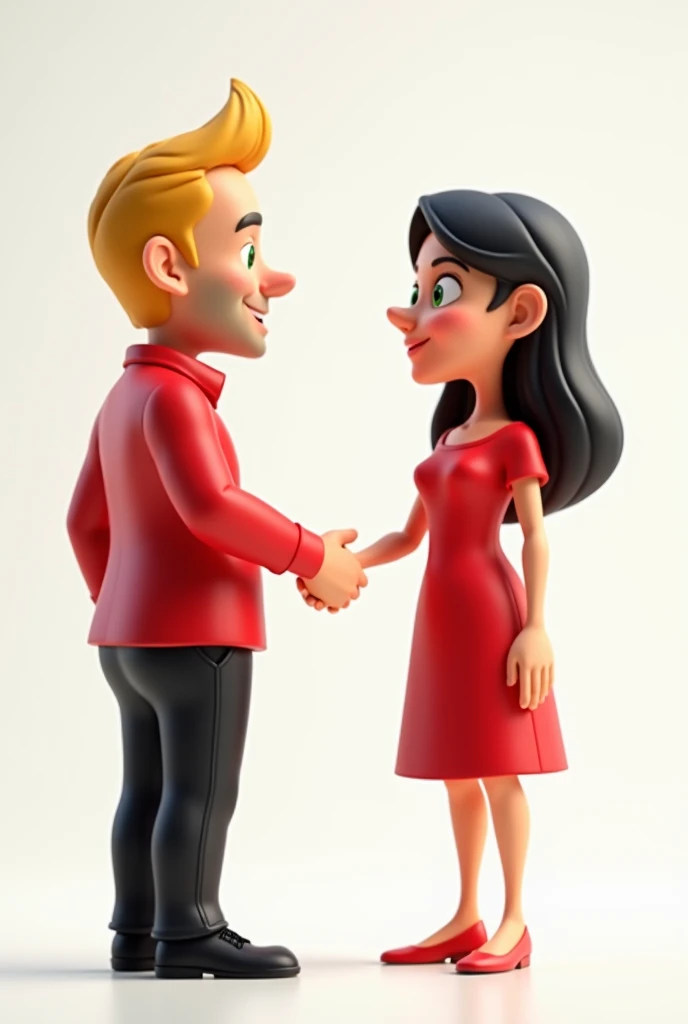 Cartoon character of a man in his 40s, with blonde hair, short hair, green eyes, black pants and a red shirt, shaking hands (closing a deal) with a character in her 30s, dark hair, red dress. The characters appear full body in the image, white image backgr...