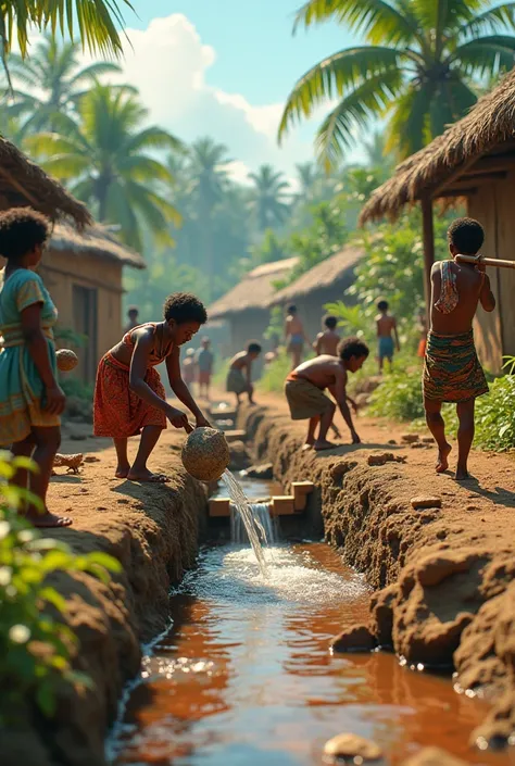 Villagers of all ages constructing a rainwater harvesting system and small check dams. Bamboo pipes and clay storage tanks are being installed. ren carry small stones, women pour water on the dam to test it, and the village carpenter hammers a structure in...