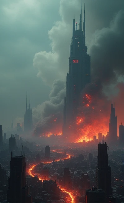 A massive futuristic and scifi dystopian city in the distance, with grey gloomy skies, the city is on fire and in ruins, the surrounding land is a full of fire too, night, neon and very scifi 