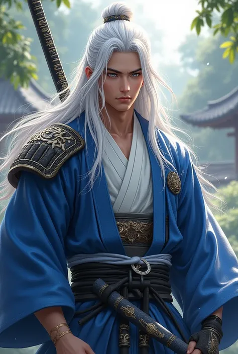 Male samurai, 25 years old, long white hair, no beard/mustache, wearing blue and white kimono and crane shaped armor with crane symbol in left chest.