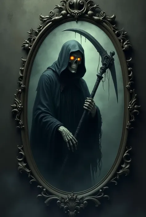 The grim grim reaper reflected in a dark horror style mirror