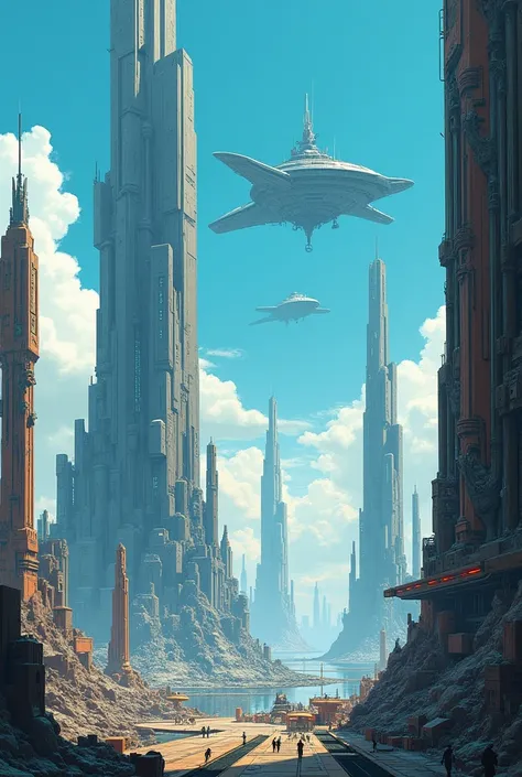 Science fiction futuristic city, with towering buildings against a blue sky, with a starship. In the style of Jean Giraud art