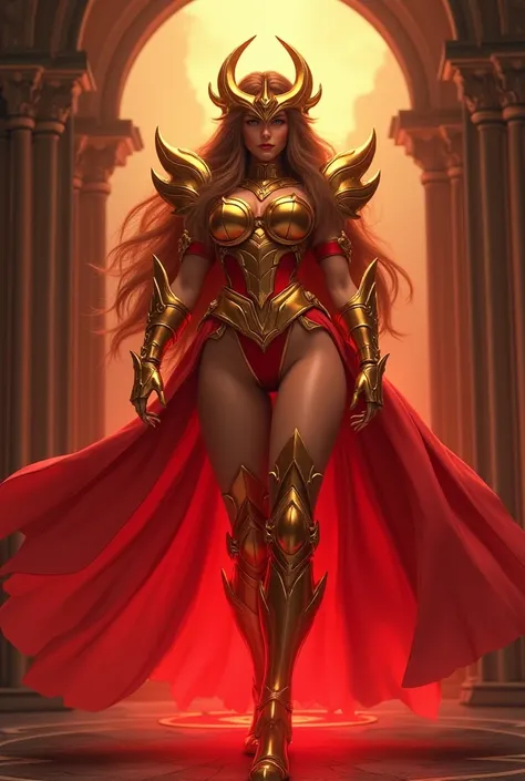 Create final fantasy style & Saint Seiya a beautiful large and strong woman with long wavy brown hair with brown eyes with big plump tits with big perky ass with thick shapely legs with a rounded golden helmet on her horned head wearing gold armor with red...