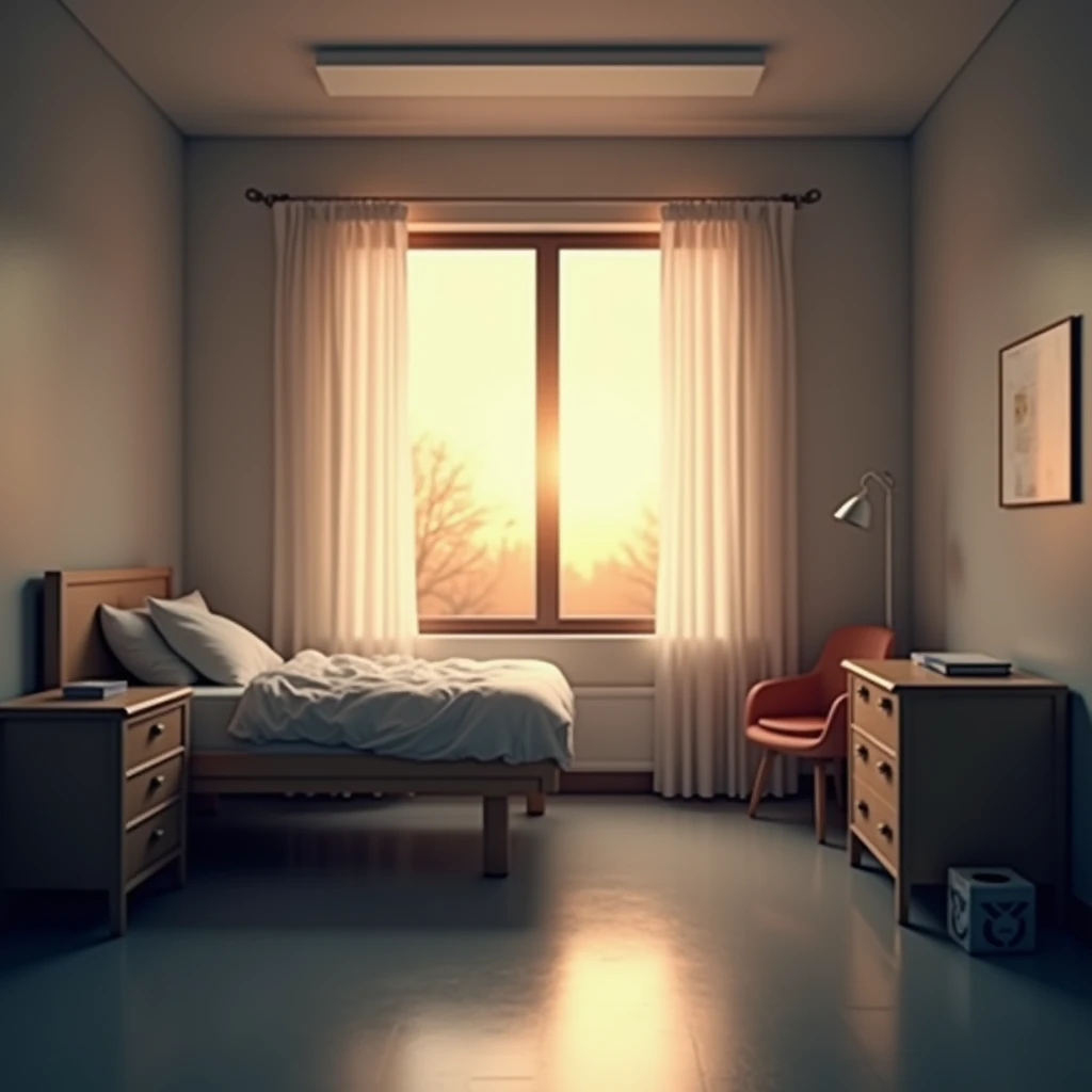  Scenery、 empty hospital room、Private room in hospital、The light of the sunset is shining in