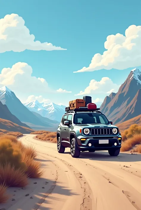  Imagine a cartoon of a landscape where volcanoes and mountains can be seen in the background .  With a powdery road from left to right, showing a dark gray 2019 Jeep Renegade in motion, with luggage on the roof .