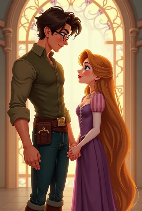 tall muscular boy with dark brown hair, brown eyes and glasses holding hands with a shorter girl with a curvy body, blue eyes and slightly ginger blonde hair, but make them resemble disney characters- flynn ryder and rapunzel, the girl has short hair and t...