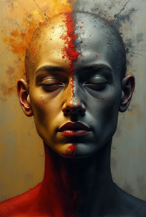 A brilliantly contrasting portrayal of bipolarity, featuring a figure split in two: one side adorned in vibrant hues of gold and crimson representing mania, the other cloaked in somber shades of grey symbolizing depression. This striking painting captures ...