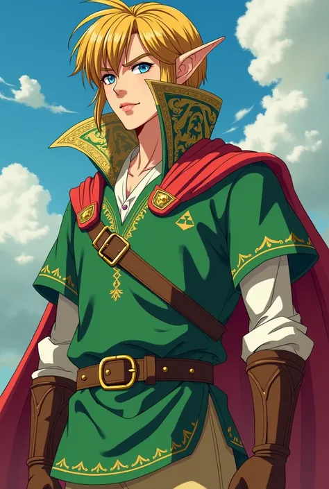 Anime Ocarina of time King Link wearing a Massive popped collar polo with a collar so high it's taller than his head he's with Princess Zelda