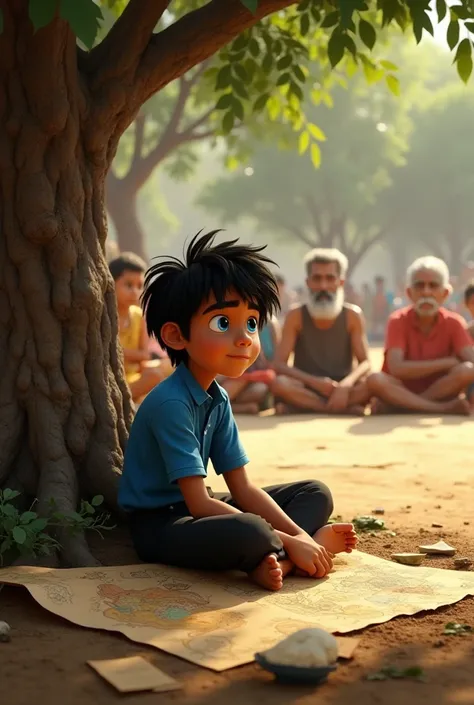 A blue shirt, black pant, blue eyes boy sitting under a tree, surrounded by old maps and notes. His face is thoughtful yet determined. In the background, villagers, including elders, sit in a circle, looking skeptical as Ravi speaks passionately about savi...