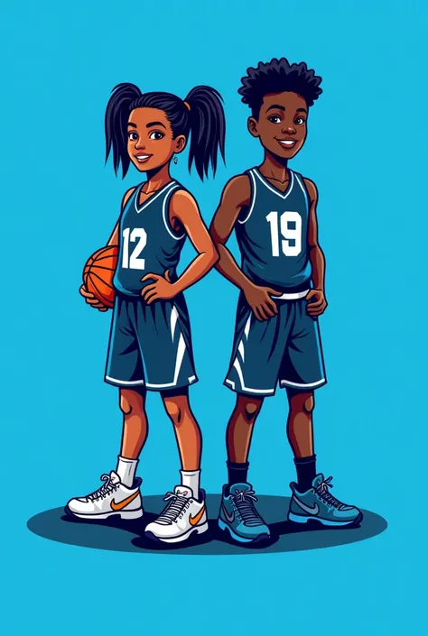 Logo TEAM BASKETBALL ACADEMY, avec deux enfants de couloir noire ( fille et garçon) en tête d'affiche avec la couleur bleu dominante 