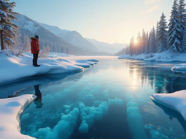 A breathtaking and realistic depiction of Lake Baikal in Siberia during winter, showcasing its iconic crystal-clear ice with visible fissures and bubbles frozen inside. Surrounding the lake are snow-covered mountains and tall pine trees. A person wearing w...