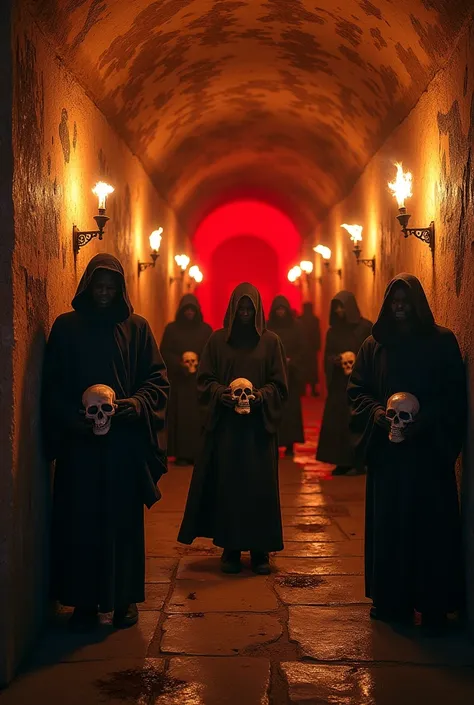 " The walls are decorated with frescoes depicting scenes of human sacrifices {x} A group of hooded figures in an underground corridor lit by torches Chess.  They carry macabre relics  : skulls ,  emanate frightening whispers .  while a scarlet light illumi...