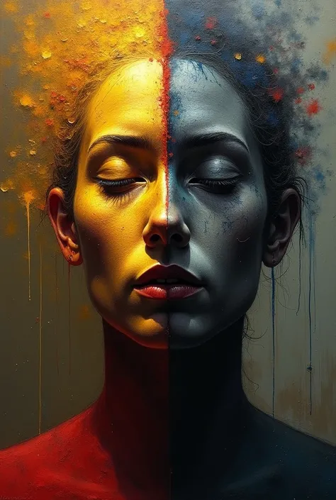 A brilliantly contrasting portrayal of bipolarity, featuring a figure split in two: one side adorned in vibrant hues of gold and crimson representing mania, the other cloaked in somber shades of grey symbolizing depression. This striking painting captures ...