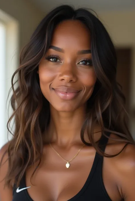 beautiful like Jasmine Tookes taking a selfie highlights, wering nike clothes, light brown skin, american girl her skin is light brown, brown skinned, golden skin tone, gorgeous and beautiful gym highly gorgeous beautiful woman, Beauty 1 people, 1 people b...