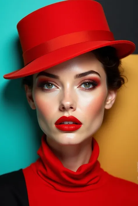  Create a vivid portrait of a woman with bright , featuring  red  lips and striking eyes. She wears a  red  hat,  and her face is framed by abstract color blocks — turquoise, gold,  red ,  and black — arranged vertically .  The background must be modern , ...