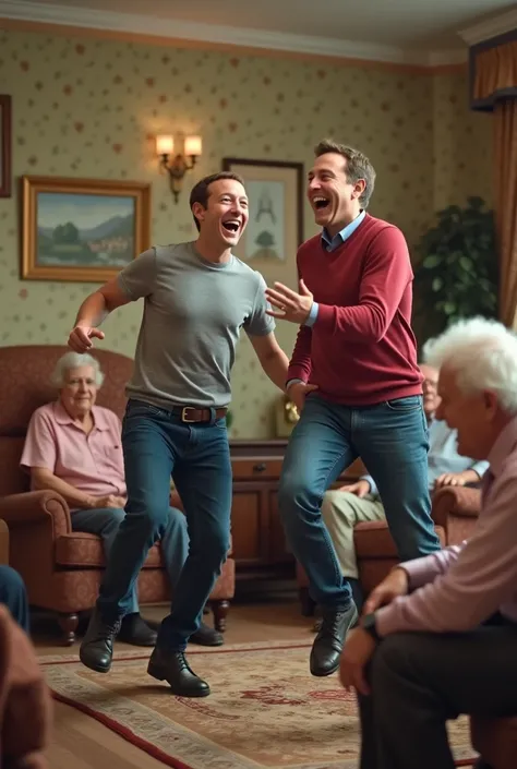 mark zuckerberg and elon musk smiling while frolicking in a old folks home