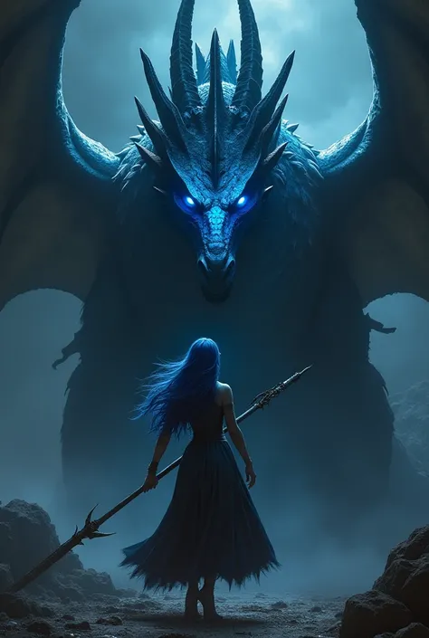 Dragon noir au yeux bleu avec un femme cheveux bleu yeux brun une lance a la main