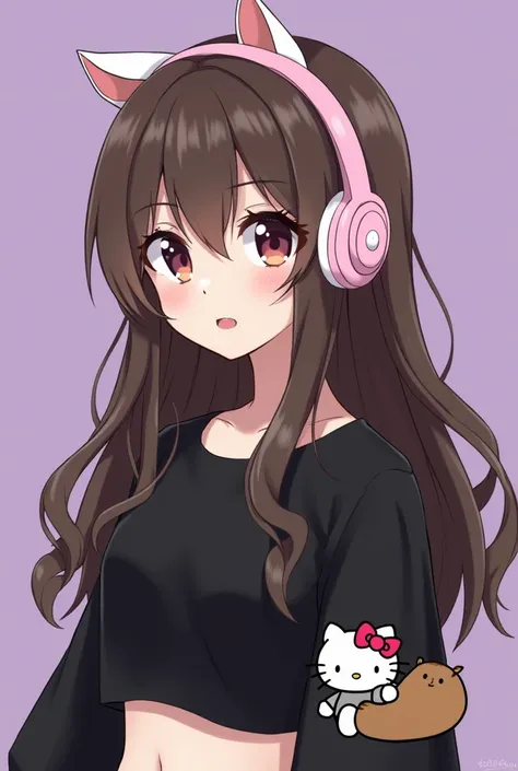 I want a teenage girl, and long hair with bangs and brown hair color, and the blouse is a black crop top with the sleeve of the black crop top, and the Hello Kitty headphones, and a capybara on the side very cute, and the background I want purple. And ever...