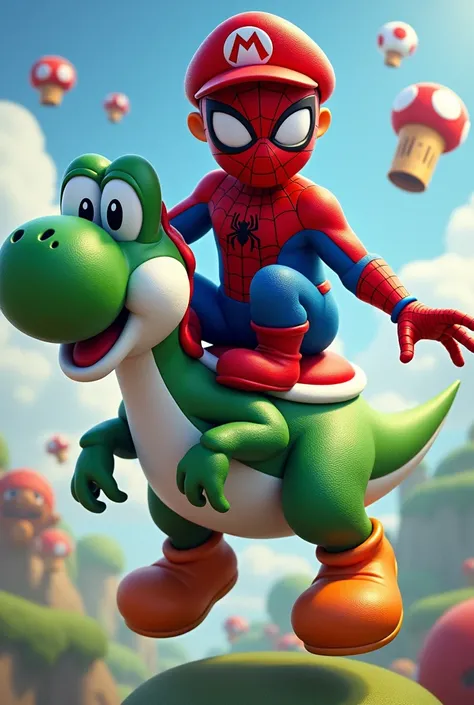 Spider-Man with a Mário Bros cap and on top of Yoshi