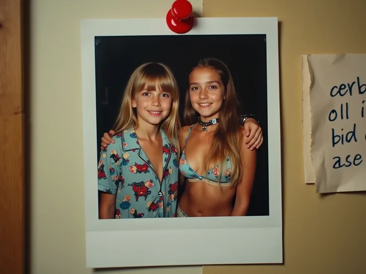 realistic polaroid physical photograph hanging on a school bulletin board in a school, the pinned photograph is of an innocent adolescent boy and girl about 14, years old, , the adolescent boy who is about 14 is wearing superhero pajamas with his arm aroun...