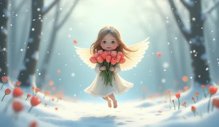 angel girl with tulips in her hands against winter background animation