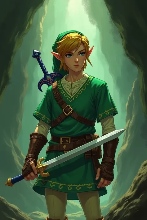 arafed image of a young man dressed in a green outfit holding a sword, link from the legend of zelda, link from zelda, link in a cave, from legend of zelda, link the movie, a portrait of link, legend of zelda, the legend of zelda, a blonde emerald warrior,...