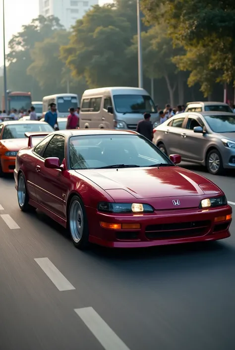 
Honda Integra 1990 Model Red Wine Color on Dhaka Trafficon Highway 4 Doored with High Profile 18 inches Good Year Tyre Tinted Glasses