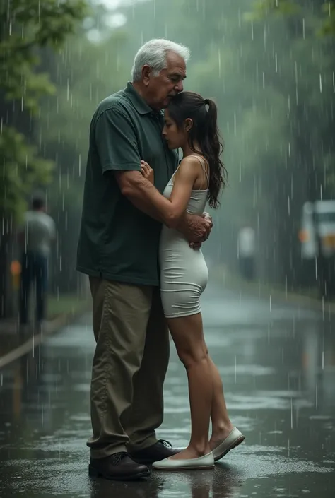  A petite 21 year old girl is scared of the rain, She is dressed in white nylon tights , Summer bodycon dress, white flat shoes, her grandfather is hugging her to comfort her