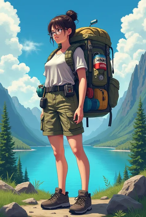 Woman anime  camping gear large water lake and medicin  gaintess  big ass huge backpack   glasses