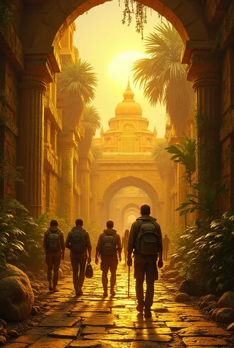  A group of exploratory historians walk through a dense and dense forest Tropical,  finally arriving at the entrance of a stunning lost city .  The city is entirely made of brilliant gold ,  with complex structures ,  majestic temples ,  streets paved with...