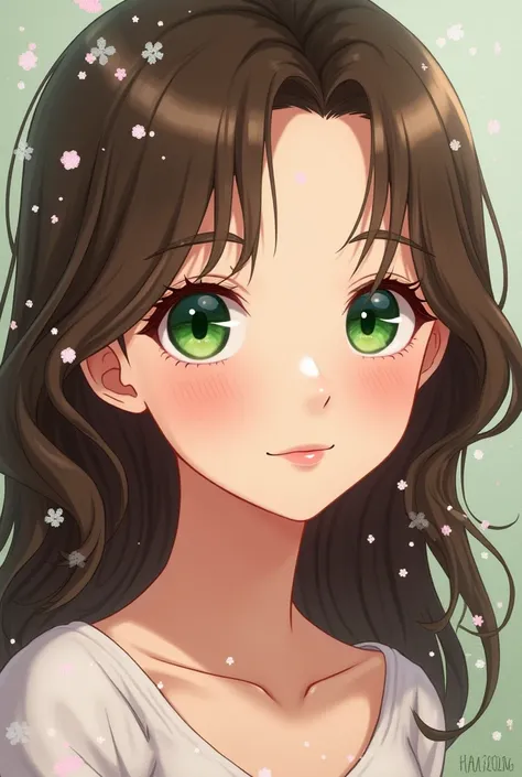 Anime style cartoon white woman ,  long brown and wavy hair,  green eyes