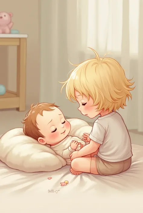 A drawing of a baby ,  next to a blond toddler