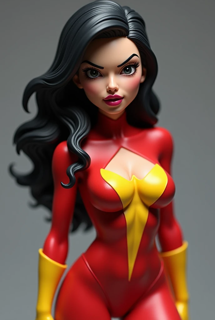 SPIDER WOMAN Jessica Drew, Very Sexy and sensual, FUNKO STYLE, black hair, red and yellow suit NO Black, No Blue, open mouth, pink lips, 3d figure, made of plastic.