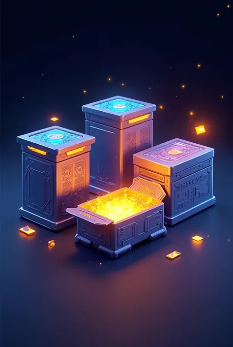 A set of futuristic, glowing 3D boxes designed for a battle pass in a video game. The boxes should look premium, with sleek metallic edges, glowing neon accents in blue, orange, and purple, and intricate sci-fi patterns engraved on their surface. Some boxe...