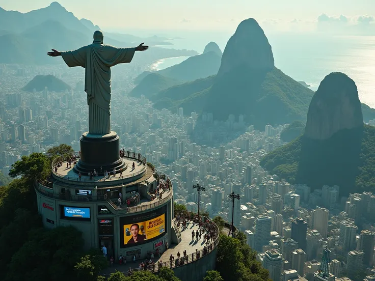 " A futuristic vision of Rio de Janeiro seen from Christ the Redeemer ,  showing the transformed Wonderful City .  The Christ observes an urban landscape full of contrasts :  a thick layer of digital advertisements and improvised buildings dominates the ci...