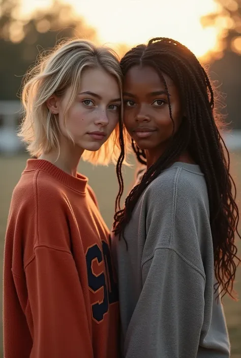 Create two High school seniors butefol girls for me, one girl with fair skin, short massy blonde hair, blue eyes, and freckles and With a mischievous smile in vary large sweater with California written on it, and the other girl with dark skin, green eyes, ...